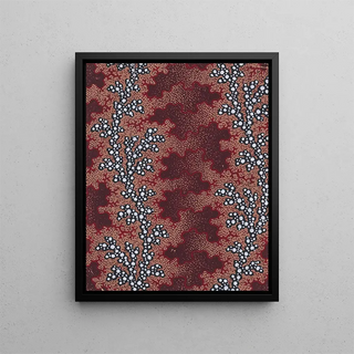 Textile pattern painting with undulating vertical garlands of beads separated by vertical bands of vermiculated motifs on a dotted background - Anonymous — framed artwork on a wall