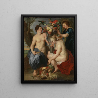 Three Nymphs with the Cornucopia - Anonymous — framed artwork on a wall
