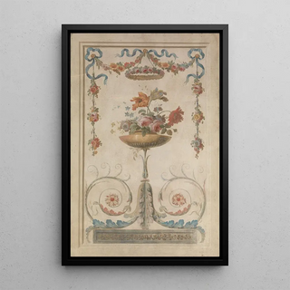Vase of flowers resting on leafy scrolls - Anonymous — framed artwork on a wall