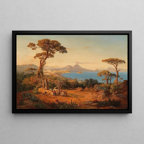 View of Naples with Vesuvius in the background - Anonymous — framed artwork on a wall