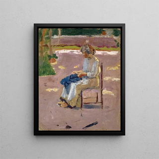 Woman sewing outside - Anonymous — framed artwork on a wall