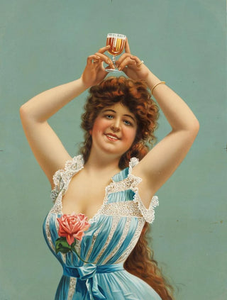 a woman holding a beer glass above her head - Anonymous — artwork view