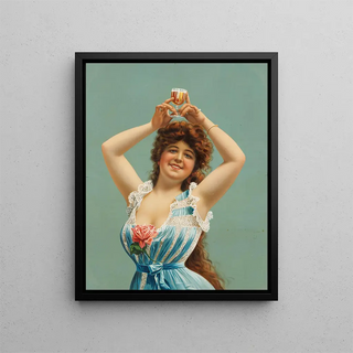 a woman holding a beer glass above her head - Anonymous — framed artwork on a wall