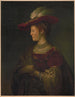 a woman in red velvet, fur, jewelry, and feathered hat - Anonymous — artwork view