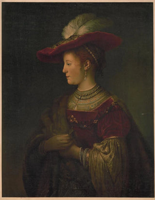 a woman in red velvet, fur, jewelry, and feathered hat - Anonymous — artwork view