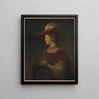 a woman in red velvet, fur, jewelry, and feathered hat - Anonymous — framed artwork on a wall