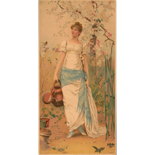 Woman in a white dress with a blue belt holding a watering can - Anonymous — artwork view