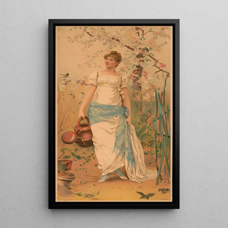 Woman in a white dress with a blue belt holding a watering can - Anonymous — framed artwork on a wall