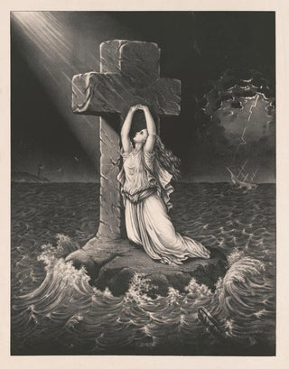 Woman leaning against a cross on a rock in the middle of a turbulent sea near a shipwreck - Anonymous — artwork view