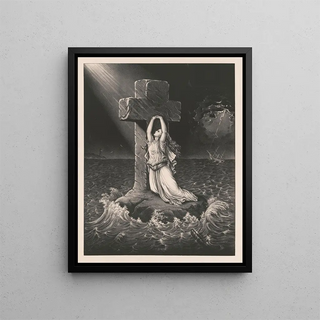 Woman leaning against a cross on a rock in the middle of a turbulent sea near a shipwreck - Anonymous — framed artwork on a wall