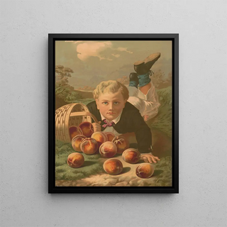 A young boy on the ground after falling with a basket of overturned peaches - Anonymous — framed artwork on a wall