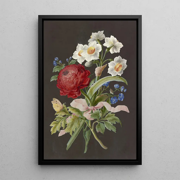 Reproduction of the painting Floral arrangement with red ranunculus, white daffodil, and blue flower with spittle - Anonymous