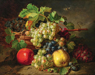 Still life with fruits featuring grapes, apples, and daisies - Antal József Strohmayer — artwork view