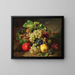 Still life with fruits featuring grapes, apples, and daisies - Antal József Strohmayer — framed artwork on a wall