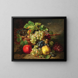 Still life with fruits featuring grapes, apples, and daisies - Antal József Strohmayer — framed artwork on a wall