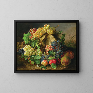 Fruit still life with grapes, apples, and a wasp - Antal József Strohmayer — framed artwork on a wall