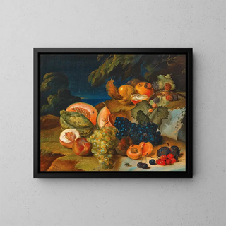 Still life with melons, grapes, a peach, and cherries - Antal József Strohmayer — framed artwork on a wall