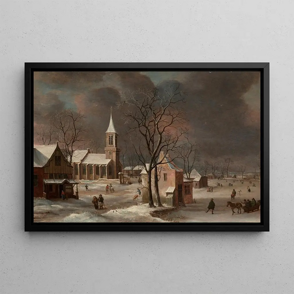 Winter landscape painting with skaters and a distant church - Anthonie Beerstraaten — framed artwork on a wall
