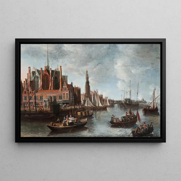 View of the Nieuwe Kerk in Amsterdam - Anthonie Beerstraaten — framed artwork on a wall