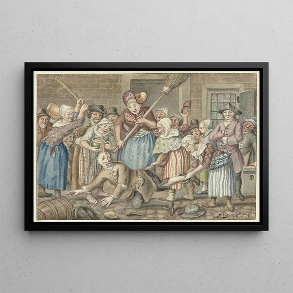 a painting titled "A man who had beaten his wife is punished by a group of women in Vinkestraat in Amsterdam, 1768" by Anthonie Drost — framed artwork on a wall