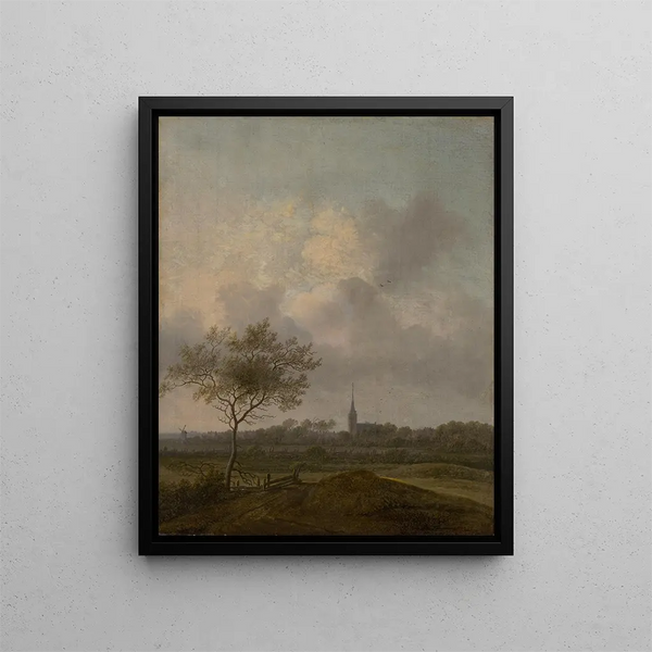 Landscape painting with church at Rijswijck - Anthonie Jansz van der Croos — framed artwork on a wall