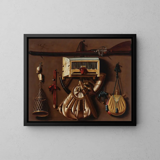a trompe-l'œil with hunting and bird-catching equipment - Anthonie Leemans — framed artwork on a wall