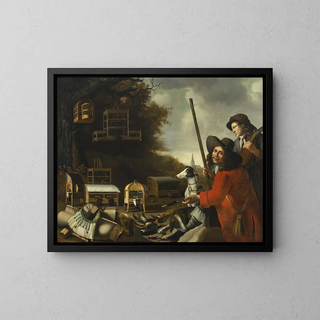 Two hunters with dogs and trophies - Anthonie Leemans — framed artwork on a wall