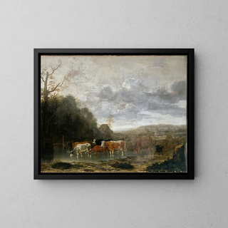 Landscape Painting with Livestock - Anthonie van Borssum — framed artwork on a wall
