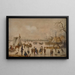 Figures skating and riding in carriages on a frozen lake with a tent and a city in the distance - Anthonie Verstraelen — framed artwork on a wall