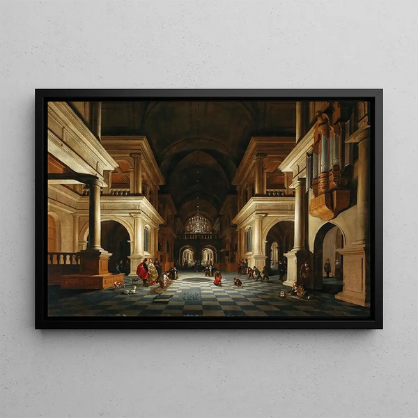Interior of a church with elegant figures - Anthonie de Lorme — framed artwork on a wall