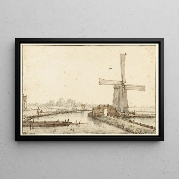 The Windmill by the Water - Anthonie van Borssom — framed artwork on a wall
