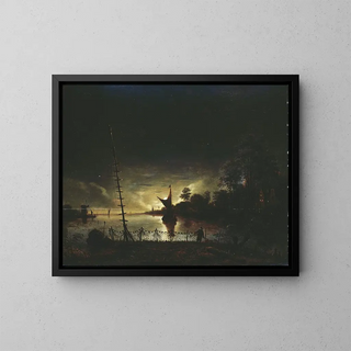Landscape by moonlight - Anthonie van Borssom — framed artwork on a wall