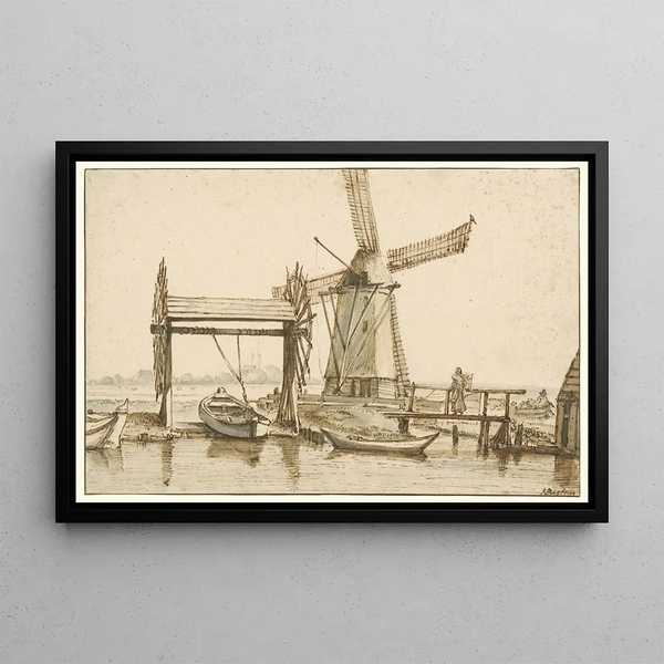 Overhaal and a windmill outside Amsterdam - Anthonie van Borssom — framed artwork on a wall