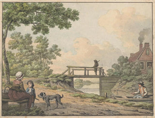 Landscape painting with figures and a small bridge near a farm - Anthony Andriessen — artwork view
