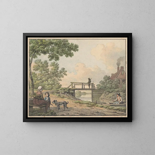 Landscape painting with figures and a small bridge near a farm - Anthony Andriessen — framed artwork on a wall