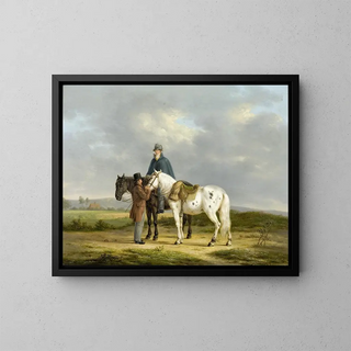 Two horsemen in a landscape - Anthony Oberman — framed artwork on a wall