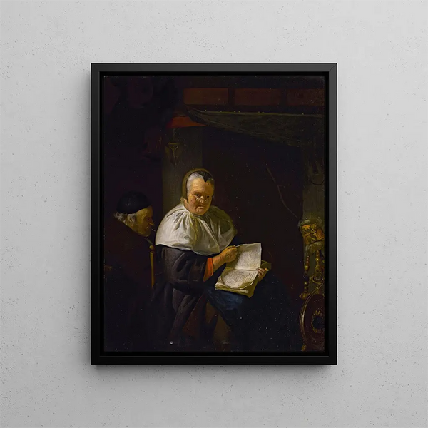 Interior painting with a woman reading near a spinning wheel and a man smoking - Antoine van Dyck — framed artwork on a wall