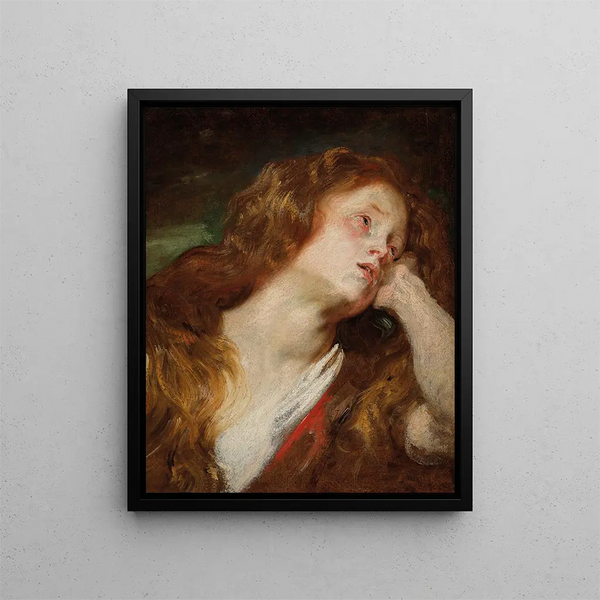 A young woman resting her head, probably Mary Magdalene penitent - Antoine van Dyck — framed artwork on a wall