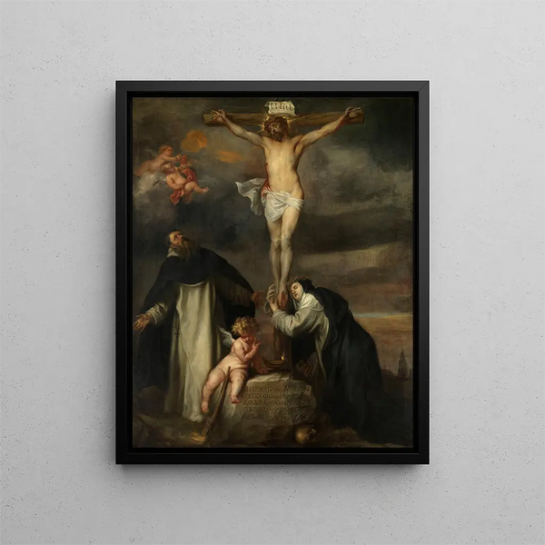 The Christ on the Cross with Saint Catherine of Siena, Saint Dominic, and an angel - Antoine van Dyck — framed artwork on a wall