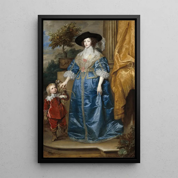 Queen Henriette Marie with Sir Jeffrey Hudson - Antoine van Dyck — framed artwork on a wall