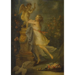 a young woman in front of a Cupid statue - Antoine-François Callet — artwork view