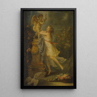 a young woman in front of a Cupid statue - Antoine-François Callet — framed artwork on a wall