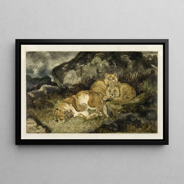 Lionne et lionceaux - Antoine-Louis Barye — framed artwork on a wall