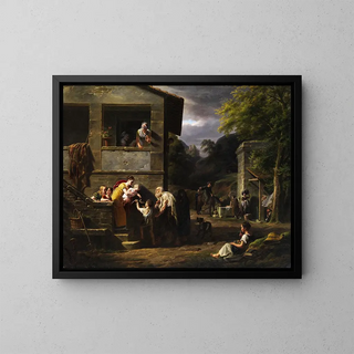 a Blind Beggar and Little Boy in front of a Lady's House - Antoine Branger — framed artwork on a wall