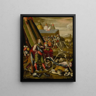 The Dialogue of the Prince with Death Allegory of the Horrors of War - Antoine Caron — framed artwork on a wall