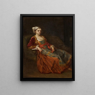 Portrait of a lady in a Turkish dress sitting in an armchair - Antoine De Favray — framed artwork on a wall