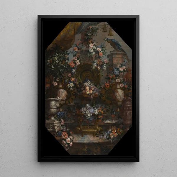 Grande composition florale with precious urns - Antoine Monnoyer — framed artwork on a wall