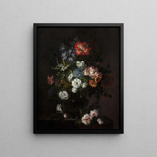 Vase de fleurs sur un entablement en pierre - Antoine Monnoyer — framed artwork on a wall