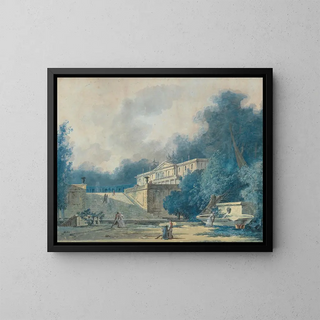 a villa in a park with characters in the foreground - Antoine Pierre Mongin — framed artwork on a wall