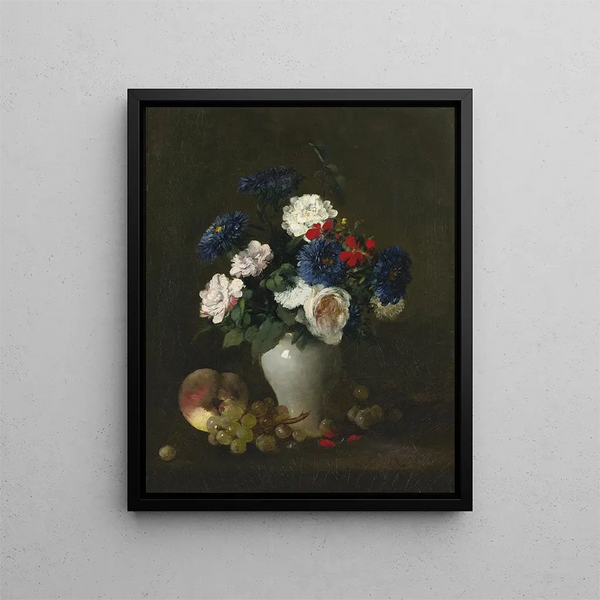 Mixed Flowers in a Vase with Grapes and a Peach on a Table - Antoine Vollon — framed artwork on a wall
